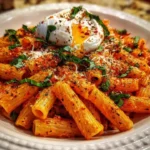 Creamy tomato burrata pasta garnished with fresh basil and parmesan cheese.