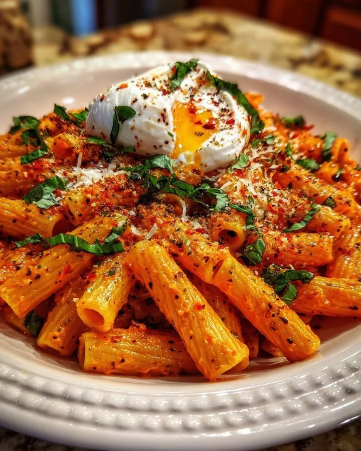 Creamy tomato burrata pasta garnished with fresh basil and parmesan cheese.