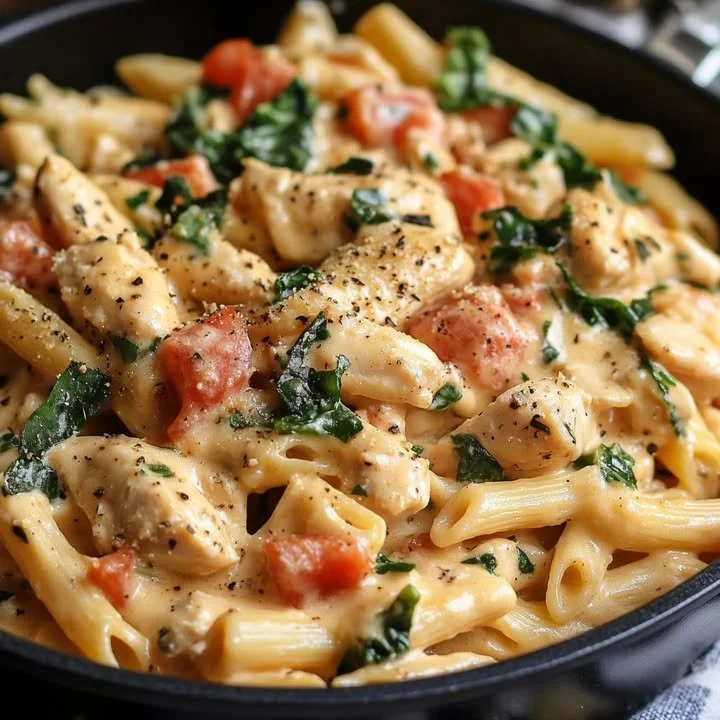 Creamy Tuscan chicken pasta with spinach and sun-dried tomatoes