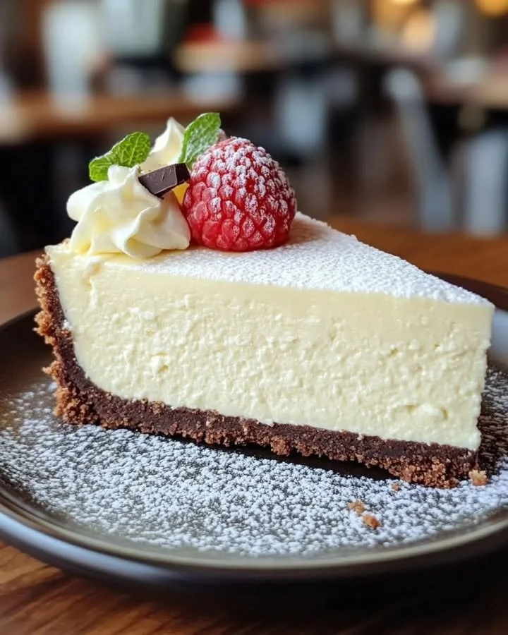 Creamy vanilla cheesecake with chocolate crust served on a white plate