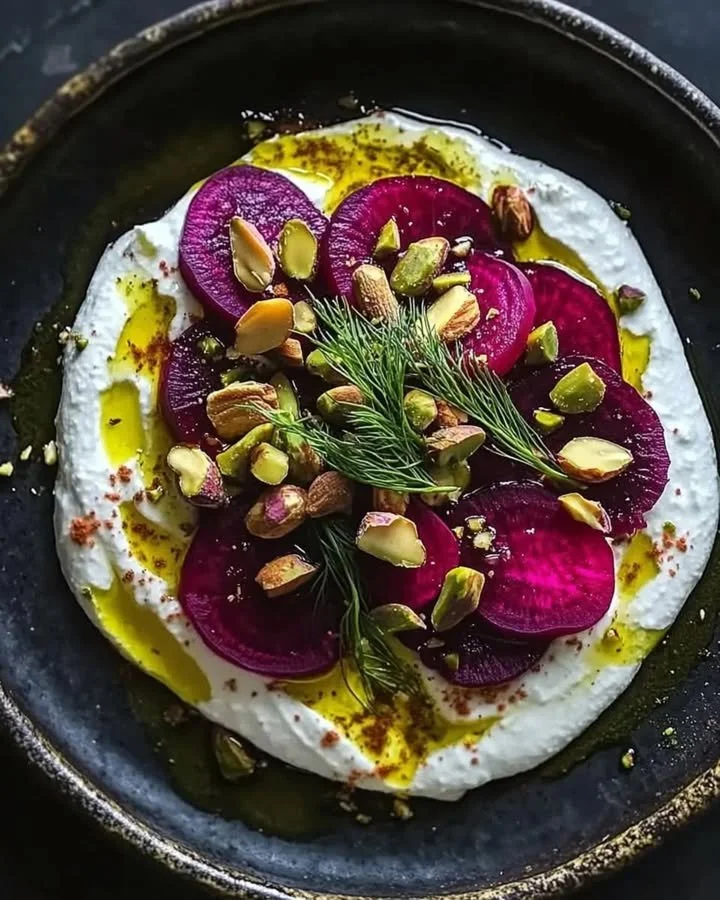Creamy whipped feta served with marinated beets and crunchy pistachios