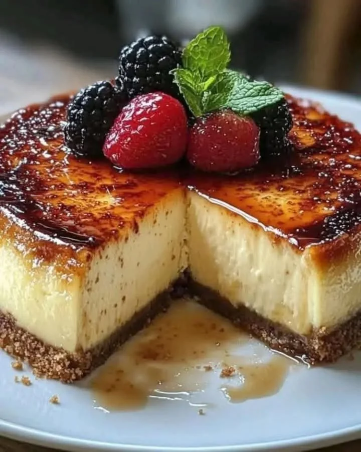 Delicious creme brulee cheesecake with a caramelized sugar topping