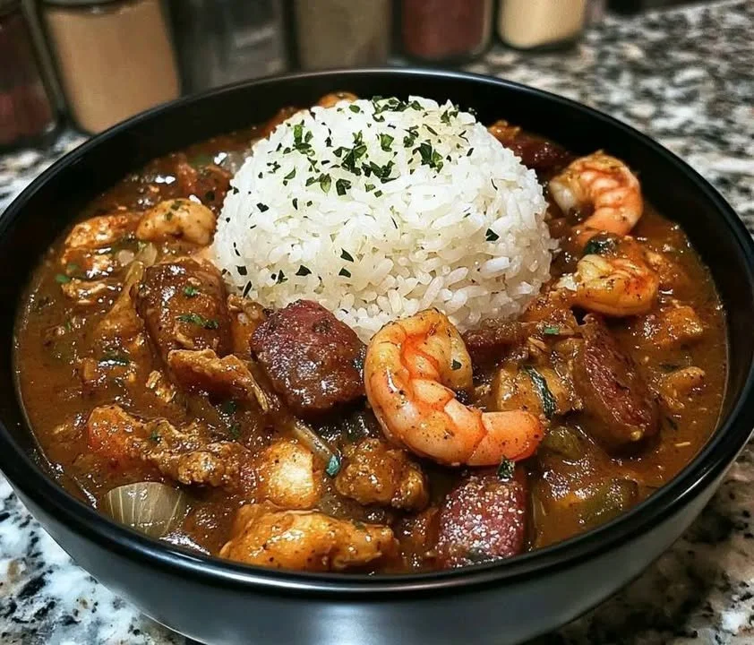 Delicious bowl of Creole Chicken, Sausage, and Shrimp Gumbo served with rice.