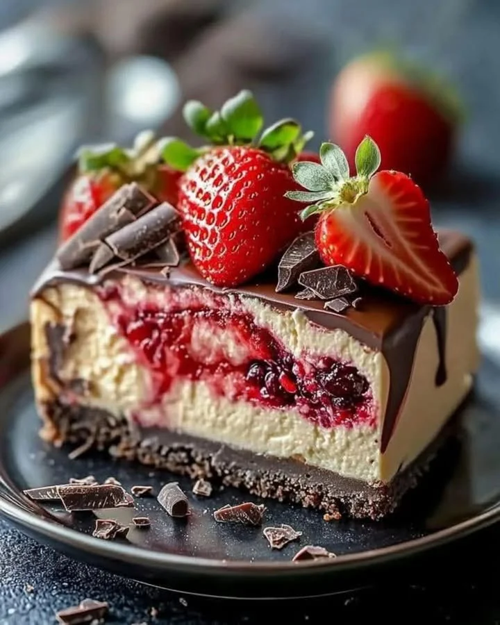 Crimson Choco-Berry Rhapsody Cheesecake topped with chocolate and berries