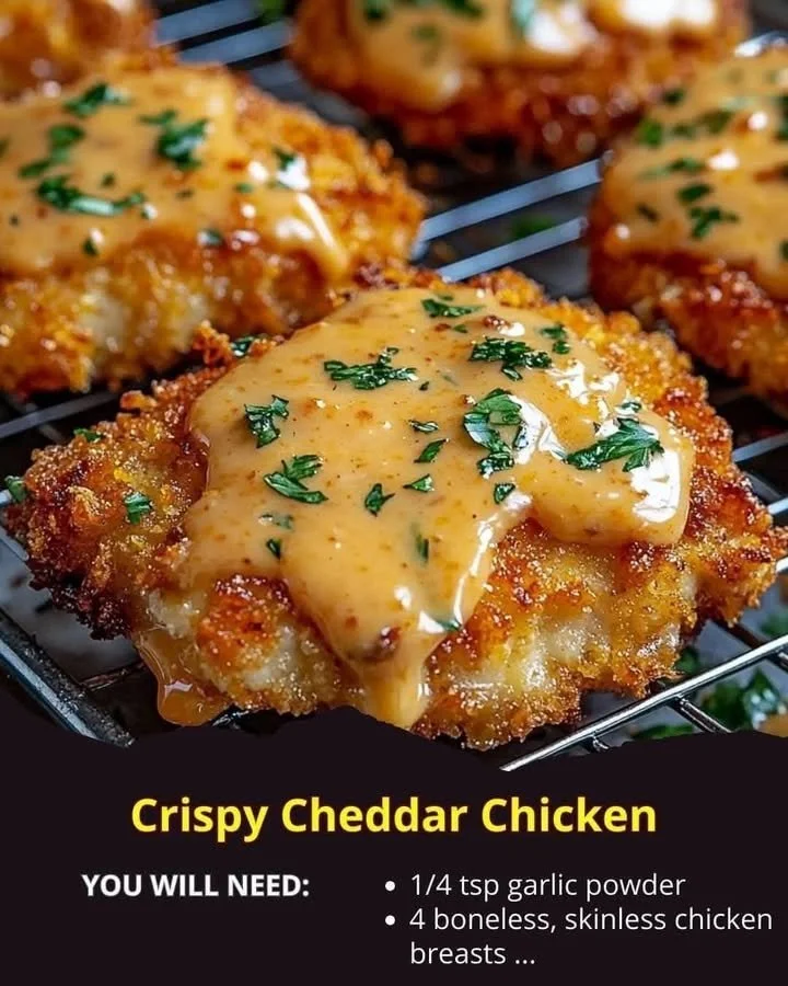 Plate of crispy cheddar chicken garnished with herbs