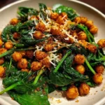 Bowl of Crispy Cheddar Chickpeas with spinach and lemon drizzle