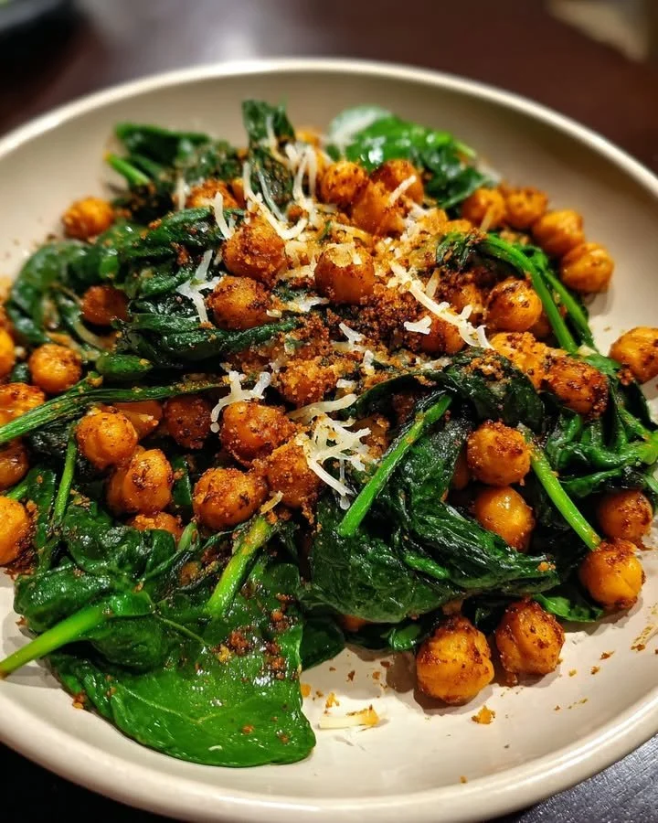 Bowl of Crispy Cheddar Chickpeas with spinach and lemon drizzle