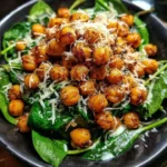 Plate of crispy cheddar chickpeas and spinach drizzled with lemon sauce.