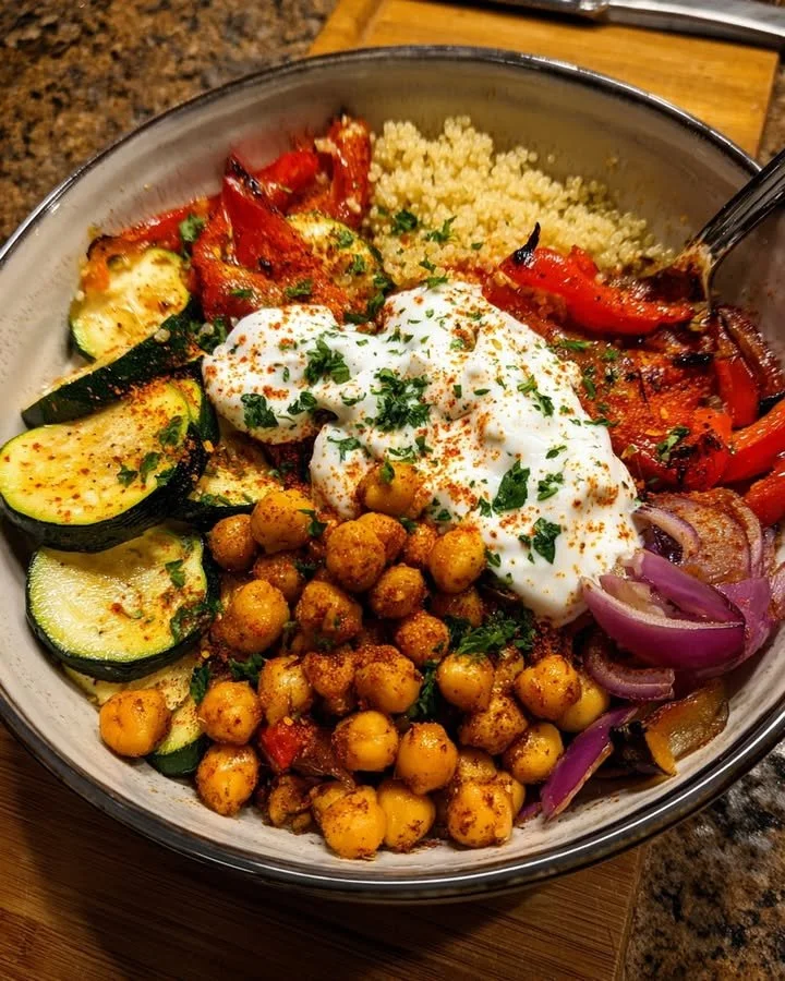 Crispy chickpea and roasted veggie bowl with lemon yogurt sauce.