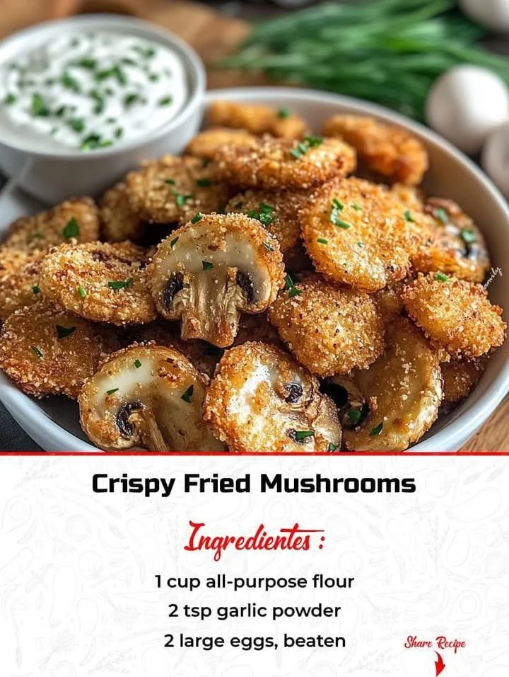 Crispy fried mushrooms served with a cool ranch dip on a plate