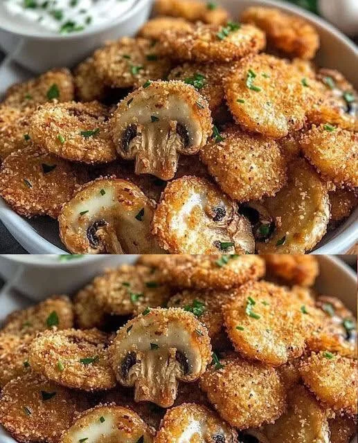 Crispy garlic mushroom bites served on a platter