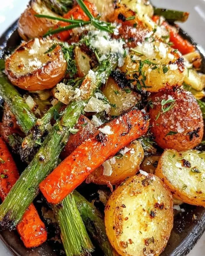 Crispy parmesan garlic roasted veggies drizzled with balsamic glaze on a plate