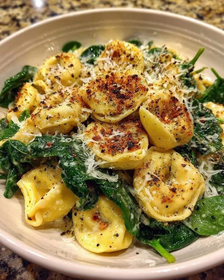 Crispy Parmesan tortellini and spinach drizzled with lemon for a delicious dish