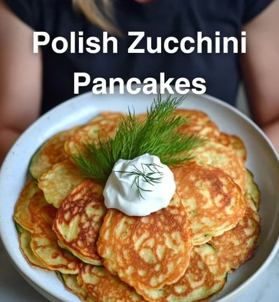 Plate of crispy Polish zucchini pancakes, golden brown and garnished.