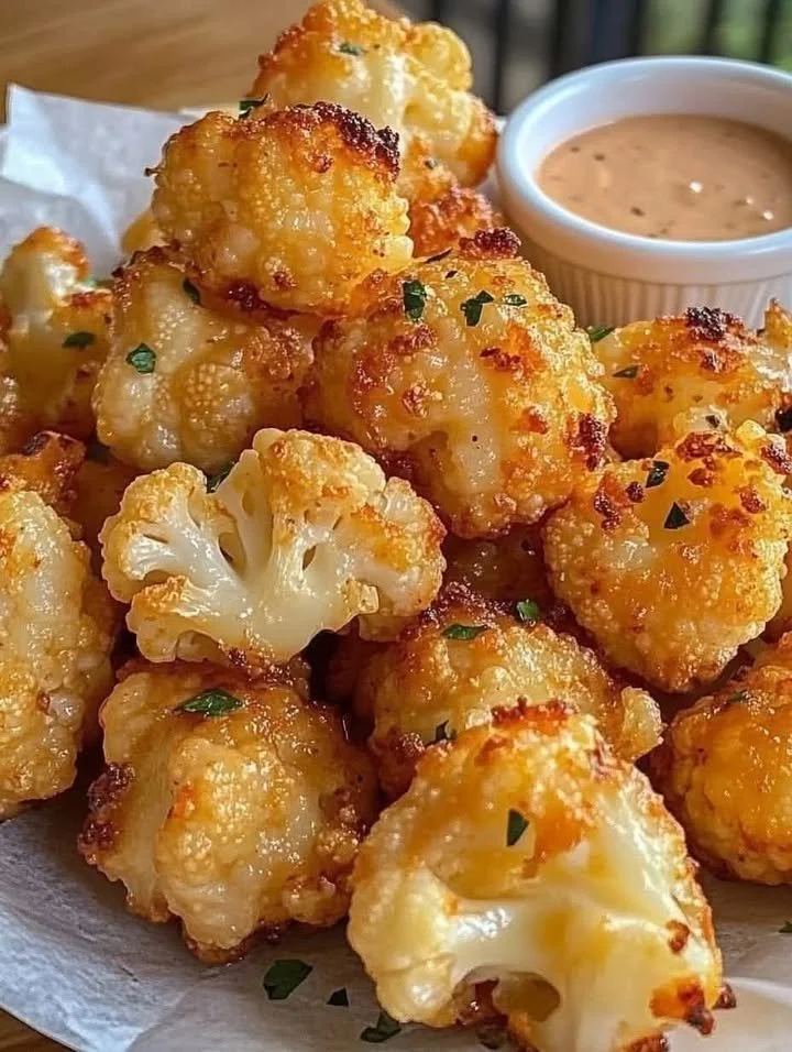 Crispy roasted cauliflower served in a bowl, garnished with herbs.