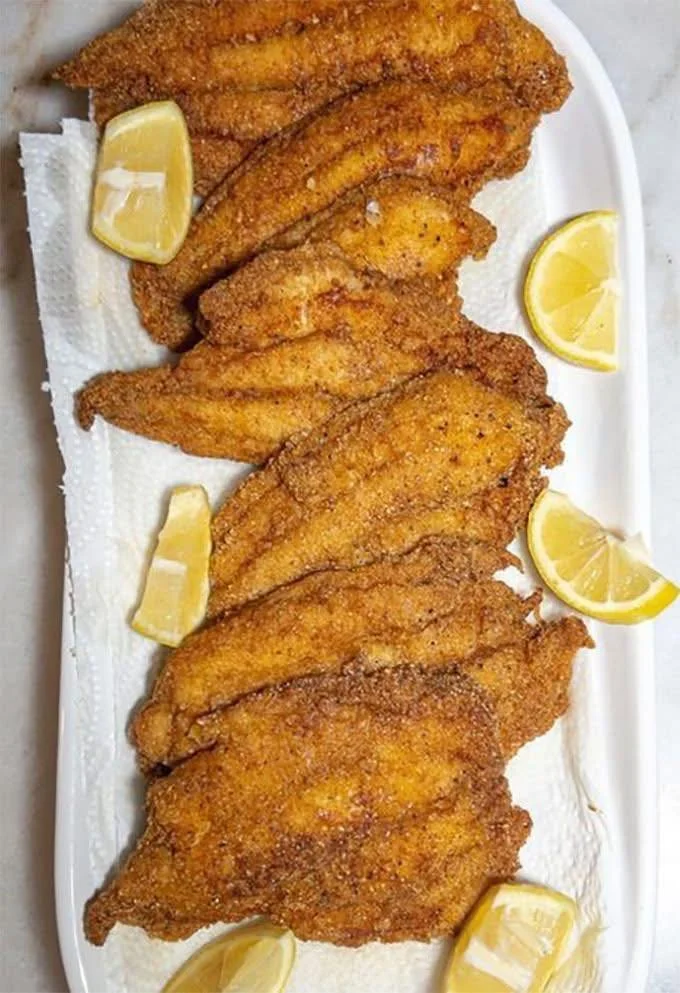 Plate of crispy Southern Fried Catfish with sides of coleslaw and tartar sauce