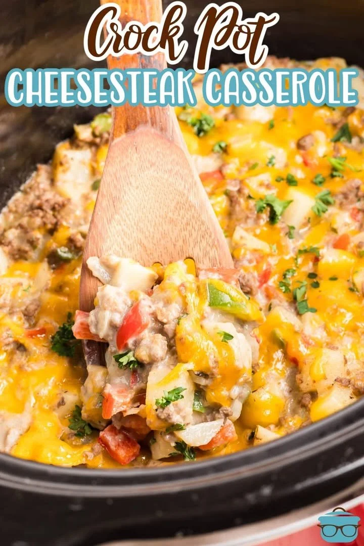Crock Pot cheesesteak potato casserole served in a bowl