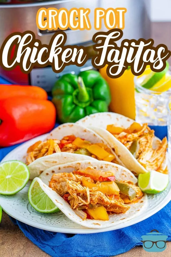 Crock Pot Chicken Fajitas served with colorful peppers and onions
