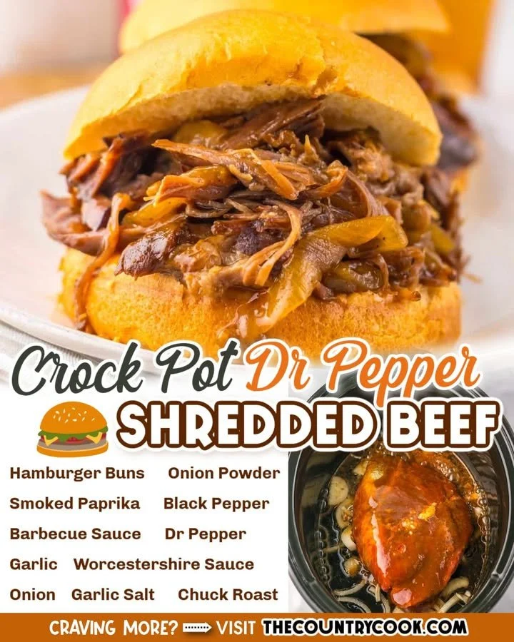 Crock Pot Dr Pepper Shredded Beef served in a sandwich