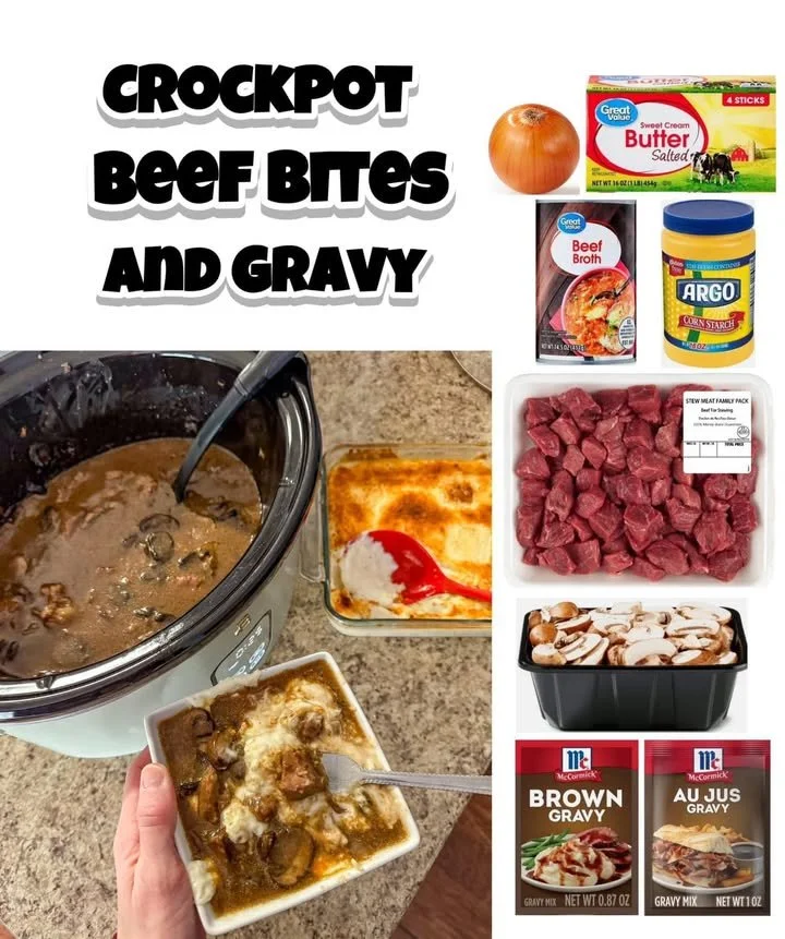 Crockpot beef bites simmering in rich gravy sauce