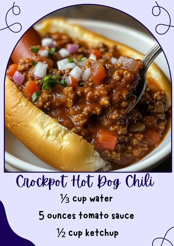Crockpot Hot Dog Chili served in a bowl with toppings