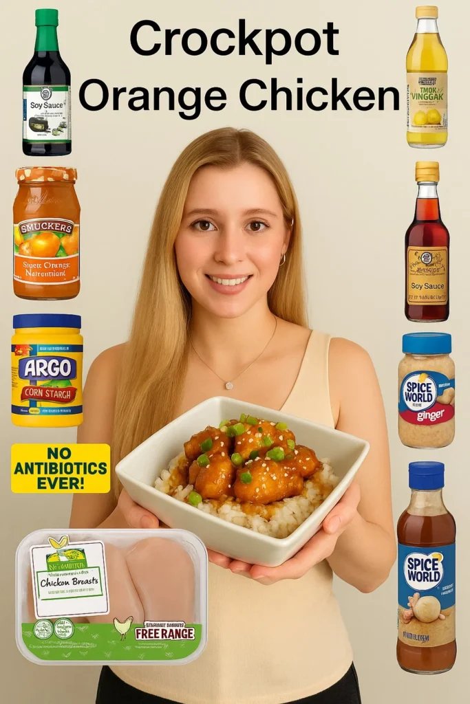 Crockpot Orange Chicken served with rice and garnished with green onions.