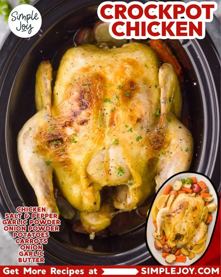 Slow-cooked whole chicken in a Crockpot with herbs and spices