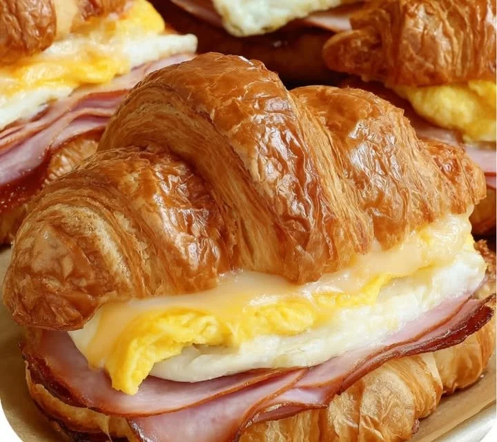 Croissant breakfast with ham and egg on a plate, ready to be enjoyed.