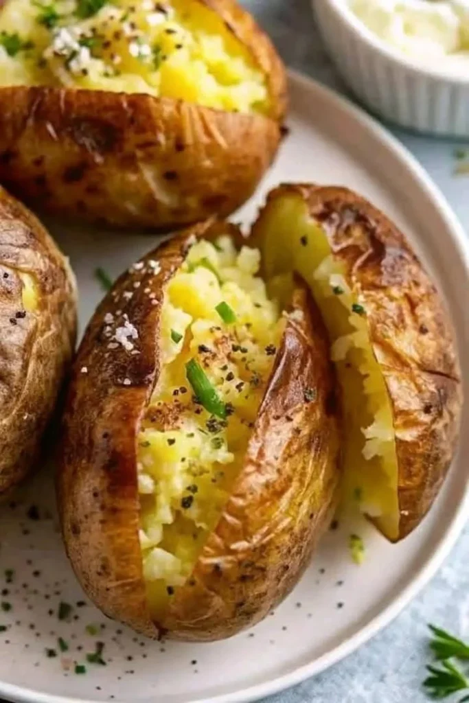Crunchy air fryer baked potatoes served with toppings