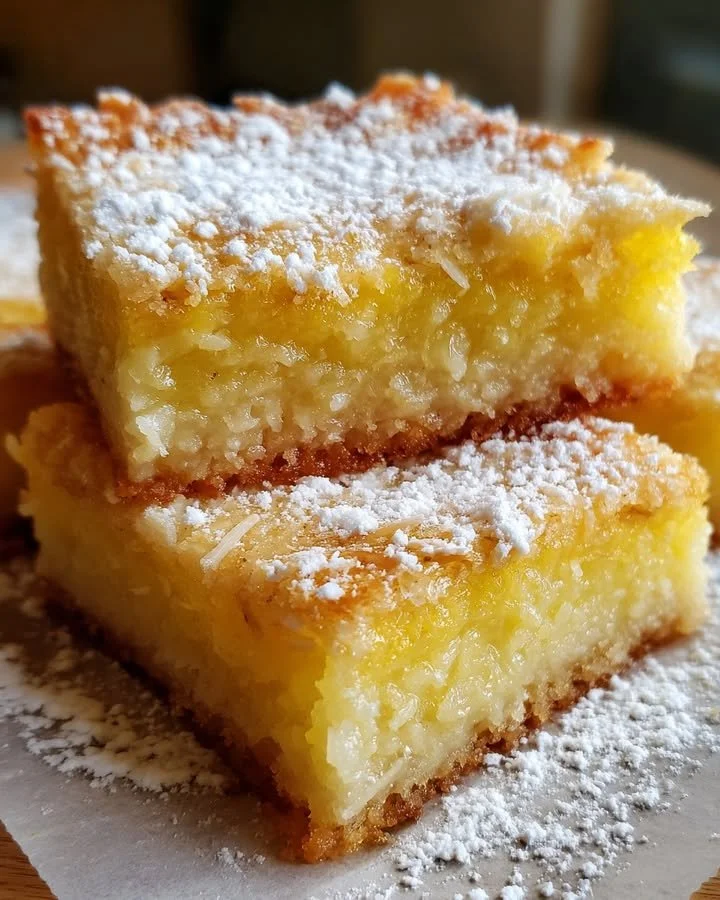 Crustless lemon coconut bars with a zesty flavor and moist texture.