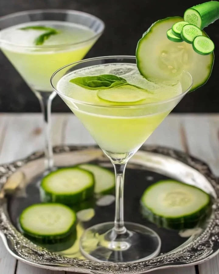 Cucumber Basil Martini with fresh cucumber and basil garnish