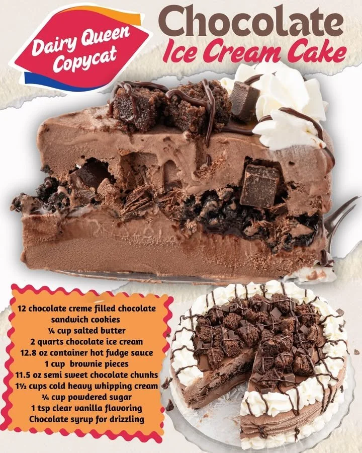 Dairy Queen Chocolate Ice Cream Cake topped with chocolate drizzle and sprinkles