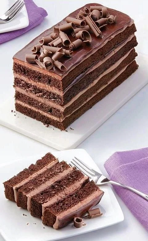 Decadent chocolate layer slice cake with rich chocolate frosting and layers.