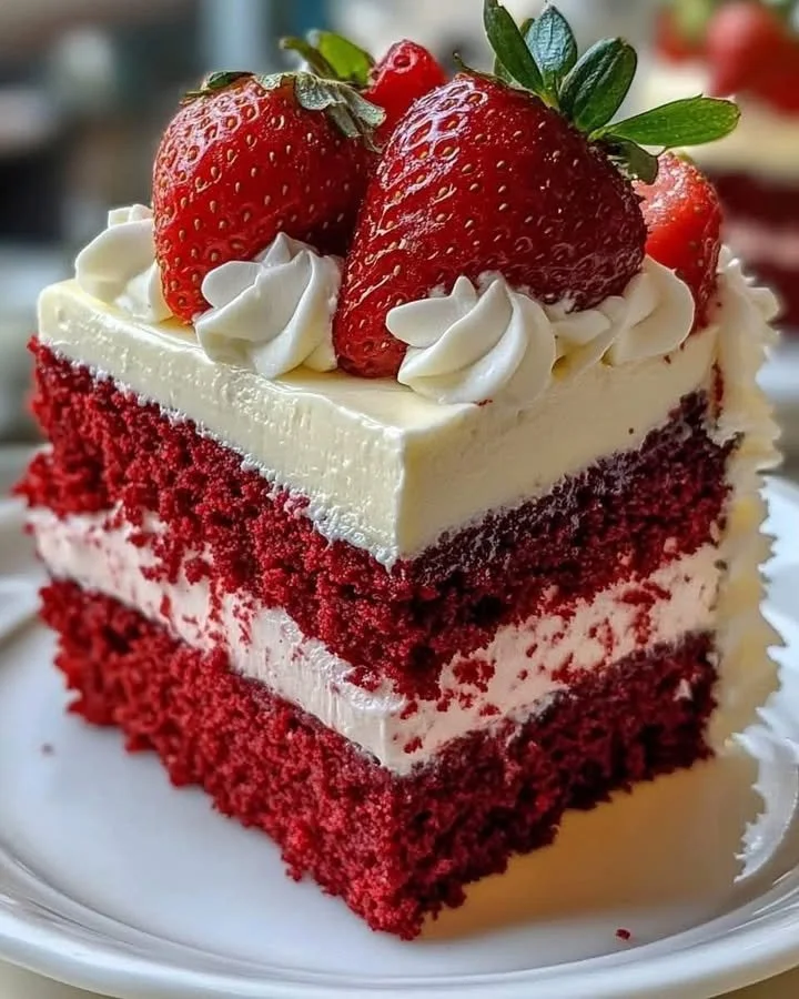 Decadent red velvet strawberry cheesecake slice on a plate