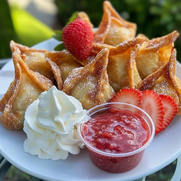 Deep-fried strawberry cheesecake wonton bites served on a plate
