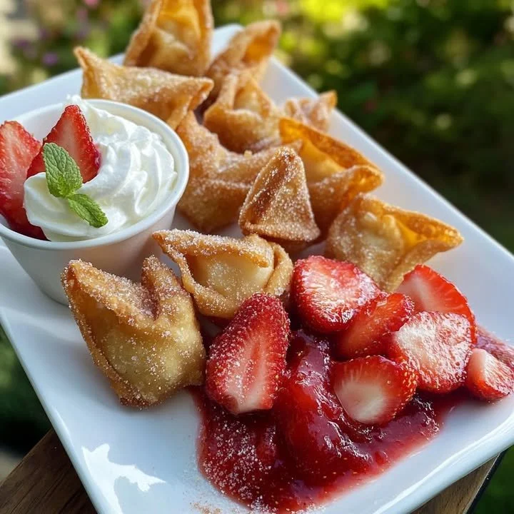 Delicious deep-fried strawberry cheesecake wonton bites served on a plate
