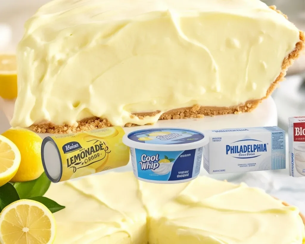 A delicious slice of no-bake Lemonade Pie on a decorative plate, garnished with lemon slices.