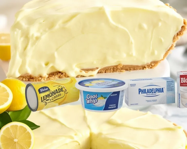 A delicious slice of no-bake Lemonade Pie on a decorative plate, garnished with lemon slices.