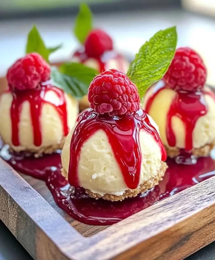 Delicious white chocolate raspberry cheesecake balls served on a plate.