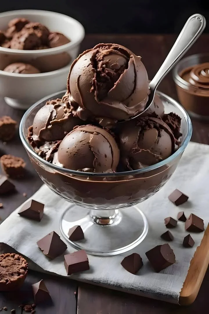 Delicious double chocolate ice cream in a bowl with chocolate shavings