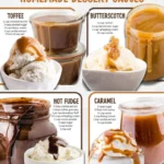 Assorted dreamy dessert sauces in jars for toppings and drizzling.