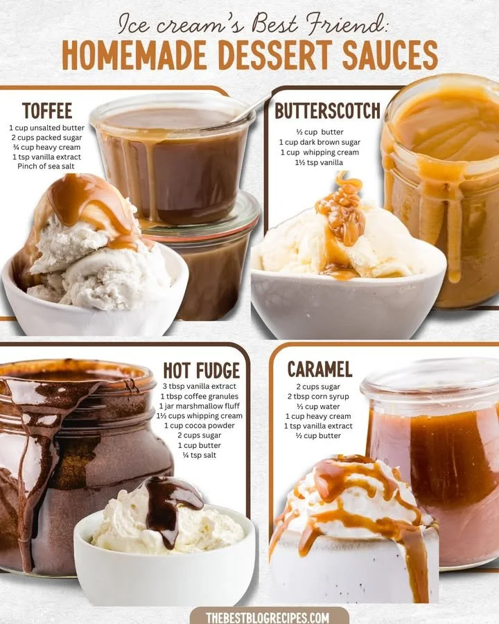 Assorted dreamy dessert sauces in jars for toppings and drizzling.