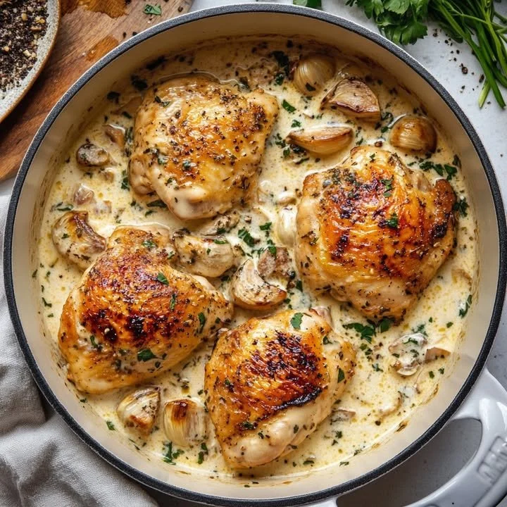 Delicious one-pot chicken with garlic and cream served in a rustic dish
