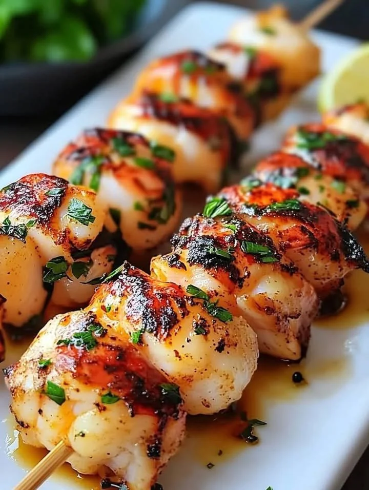 Grilled Drunken Lobster Tail Skewers served on a plate with fresh garnishes