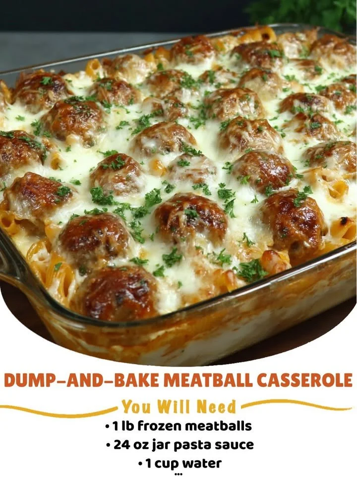Delicious dump-and-bake meatball casserole in a baking dish.