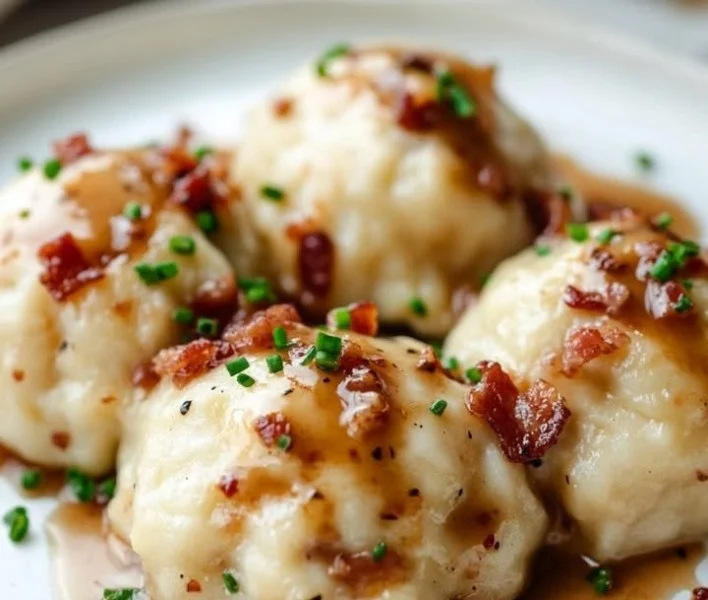 Delicious dumplings topped with a savory bacon sauce