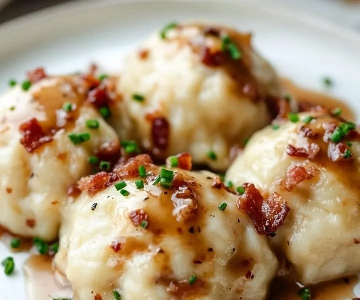 Dumplings served with rich bacon sauce, a savory delight.