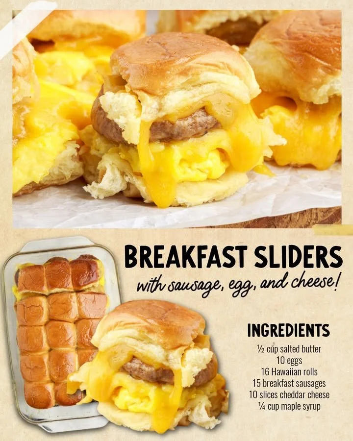 Easy and delicious breakfast sliders with eggs, cheese, and sausage on a platter