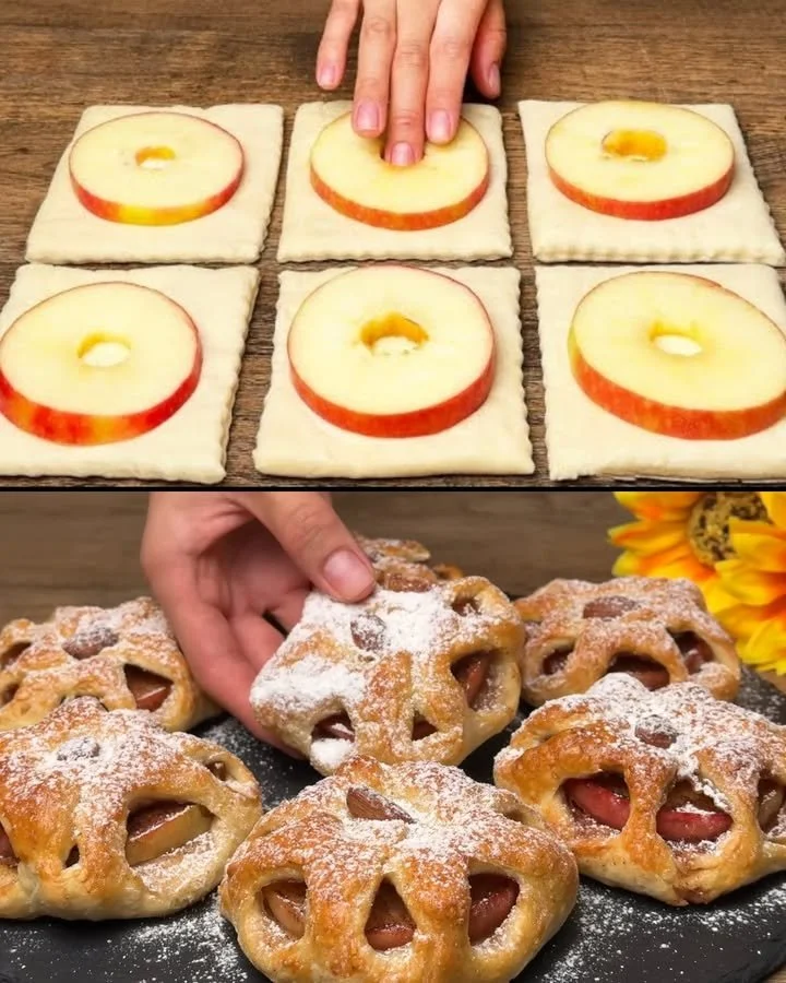 Delicious easy apple puff pastry dessert on a plate with powdered sugar.