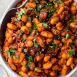 A bowl of delicious easy baked beans, garnished and ready to serve.